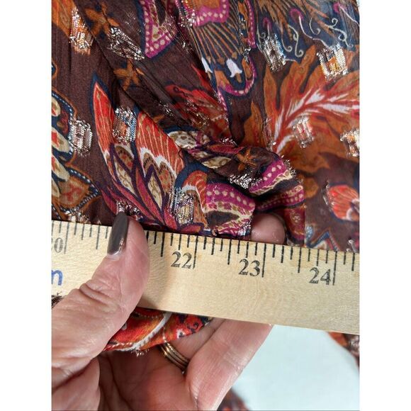 LOFT Metallic Floral Blouse Brown Red Sheer Boho Fall Top Long Sleeve Lined L - Picture 14 of 16
